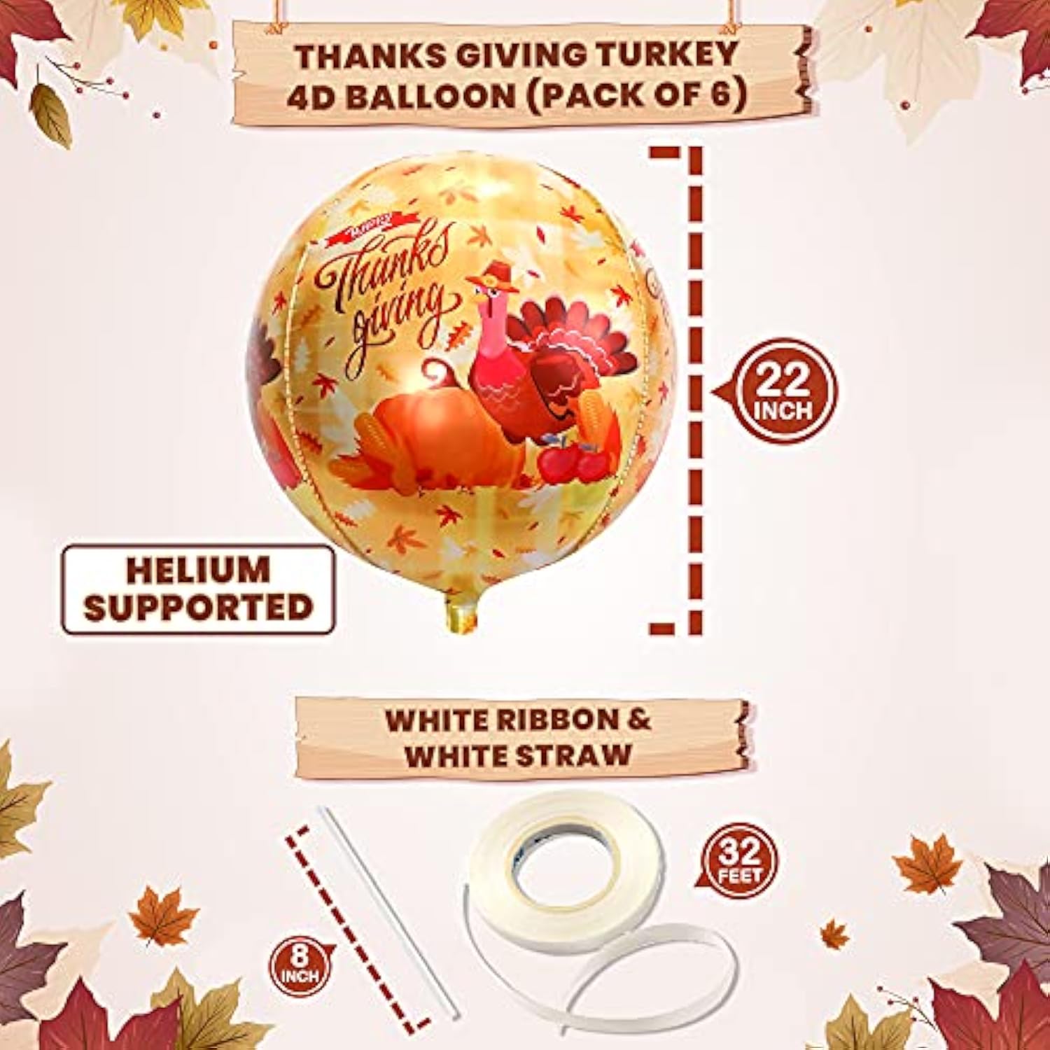 6 Pack Large 22 Inch Happy Thanksgiving Foil Turkey Balloons