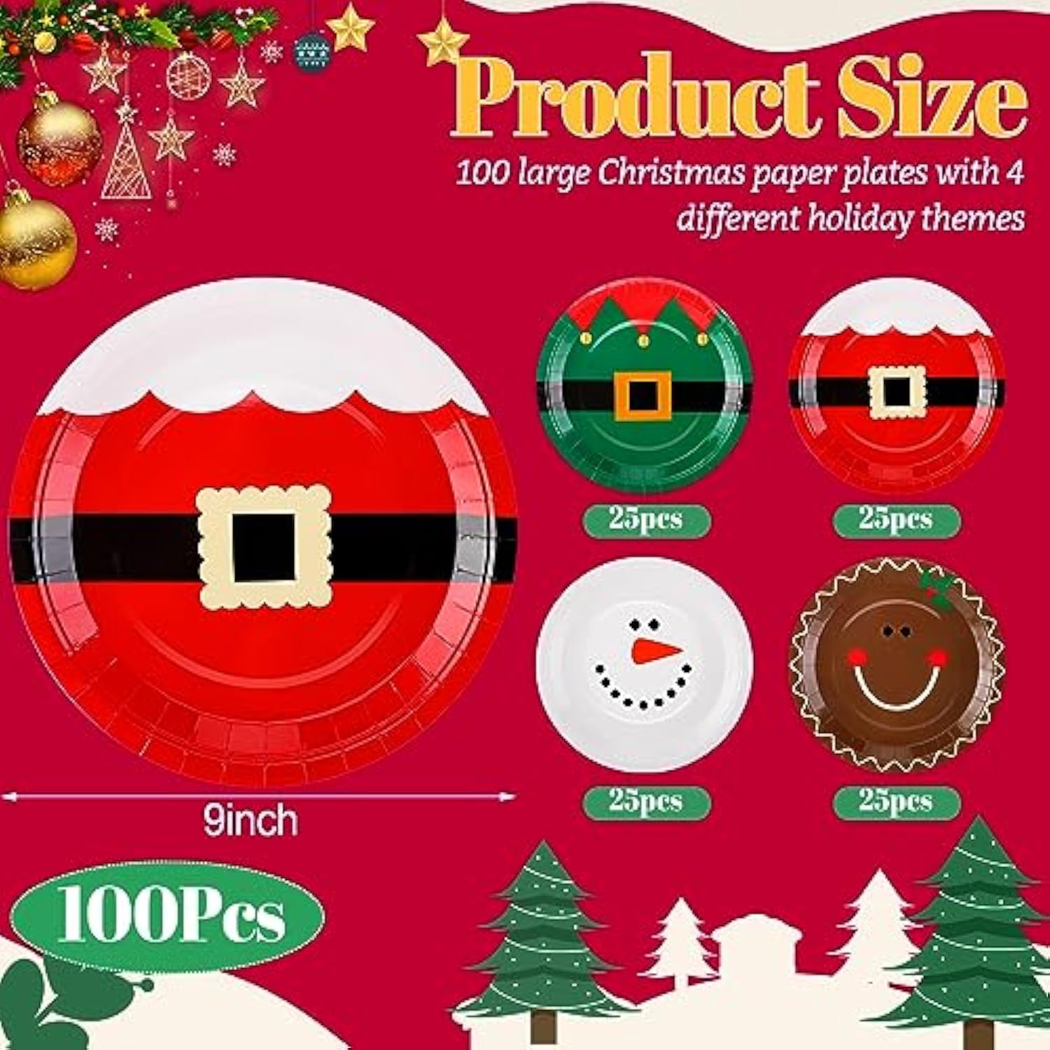 100 Pcs Christmas Paper Plates 9 Inch Disposable Santa Christmas Dinnerware Set Xmas Dinner Plates Table Decorations Holiday Party Supplies, Serve 100 Guests