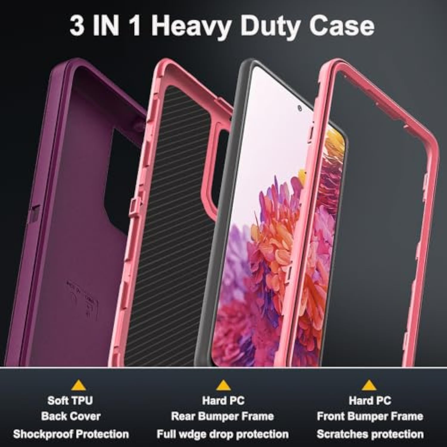 For Samsung Galaxy S20 Fe Case With 2Pcs Tempered Glass Screen Protector And 1Pcs Camera Lens Protector, Military Grade Heavy Duty Shockproof/Drop Proof/Dust Proof Case (Wine Red/Rose Pink)