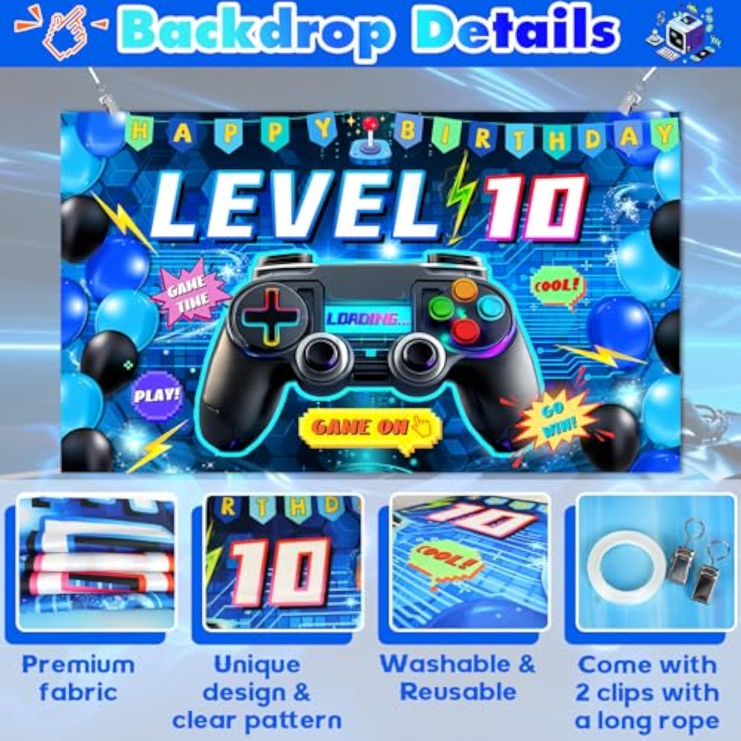 95Pcs 10Th Birthday Decorations For Boys, Video Game 10Th Birthday Decorations Include Backdrop Balloon Arch Hanging Swirls Cake Topper For Blue And Black Level 10 Birthday Decoration