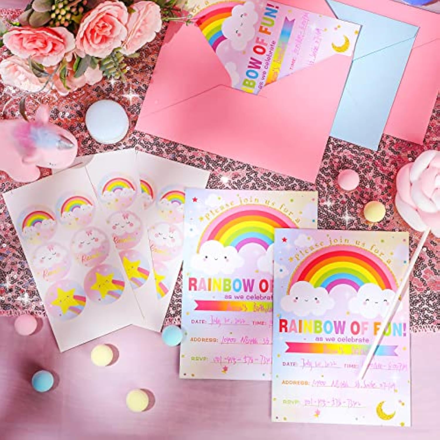 24 Sets Rainbow Birthday Invitations With Envelopes And Stickers For Girls Party Invitations For Kids Rainbow Birthday Baby Shower Party Decoration
