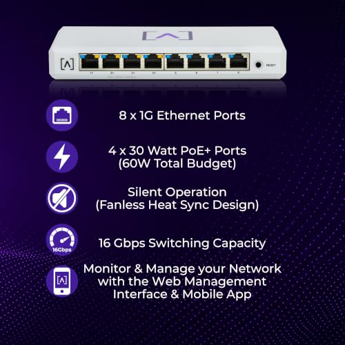S8-Poe | 8 Port Multi-Gigabit Managed Ethernet Switch With 4 Poe+ Ports | 60W Poe Budget | Desktop Or Wall Mount | Manage Network Via Cloud Or Local Controller | Ethernet Splitter