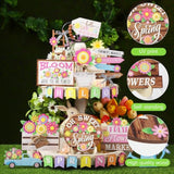 26 Pcs Spring Flower Tiered Tray Decor Set Rustic Farmhouse Spring Floral Table Home Kitchen Shelf Tabletop Centerpiece Office Decorations (Bright)
