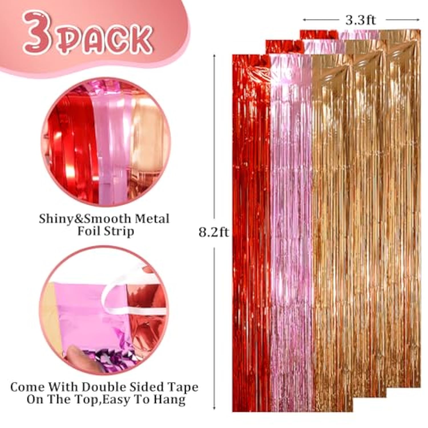 3 Pack 3.3 X 8.2 Ft Valentine Foil Fringe Backdrop Curtains, Tinsel Streamers Party Decorations, Fringe Backdrop, Door Shimmer For Valentine Or Birthday Party