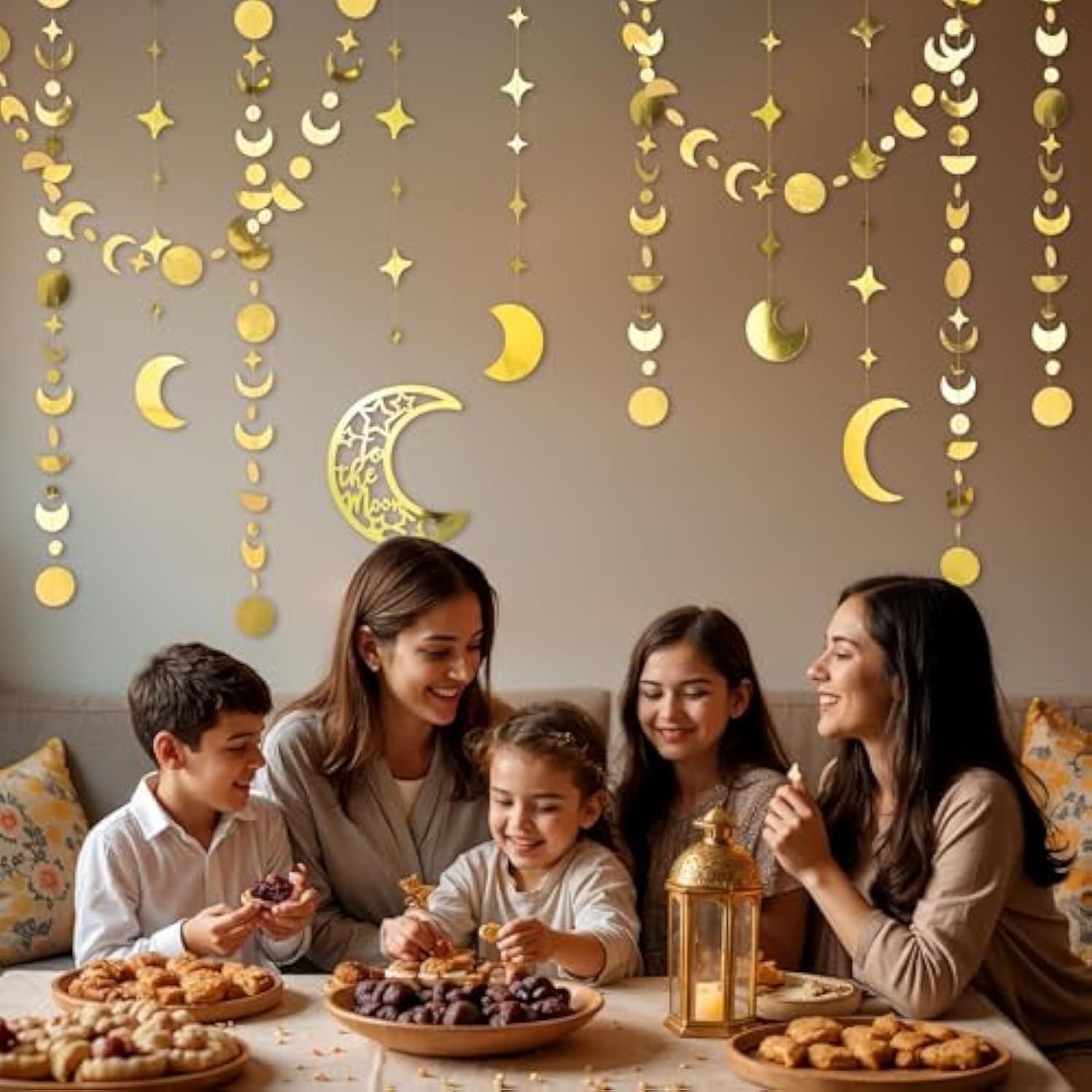Gold Star Moon Garlands To The Moon Party Decorations Celestrial Birthday Decor Moon Phase Hanging Streamer Crescent Stars Kids Room Witchy Whimsical Ramadan Eid Mubarak Party Supplies
