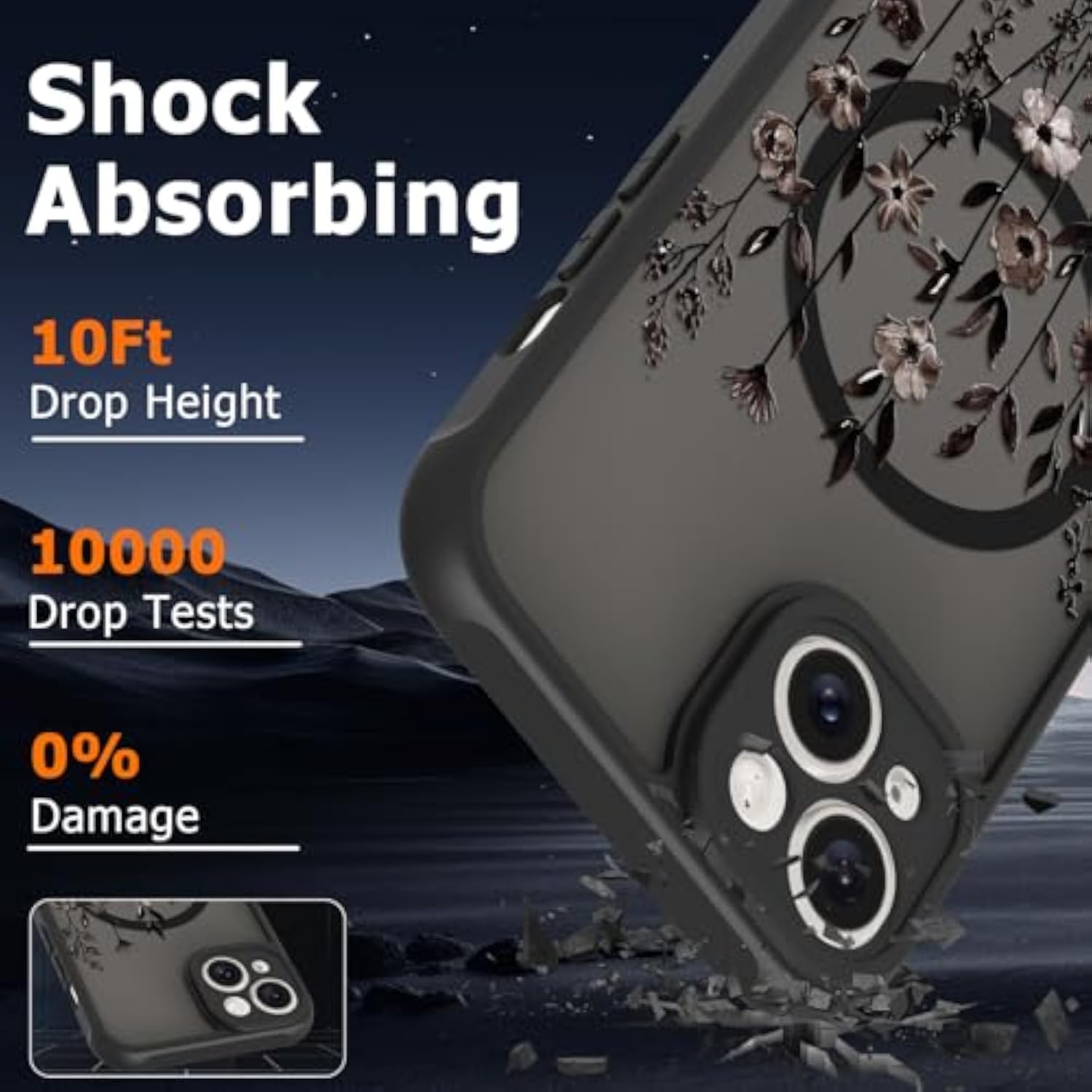 Magnetic iPhone 14 Case for Women with Black Floral Design