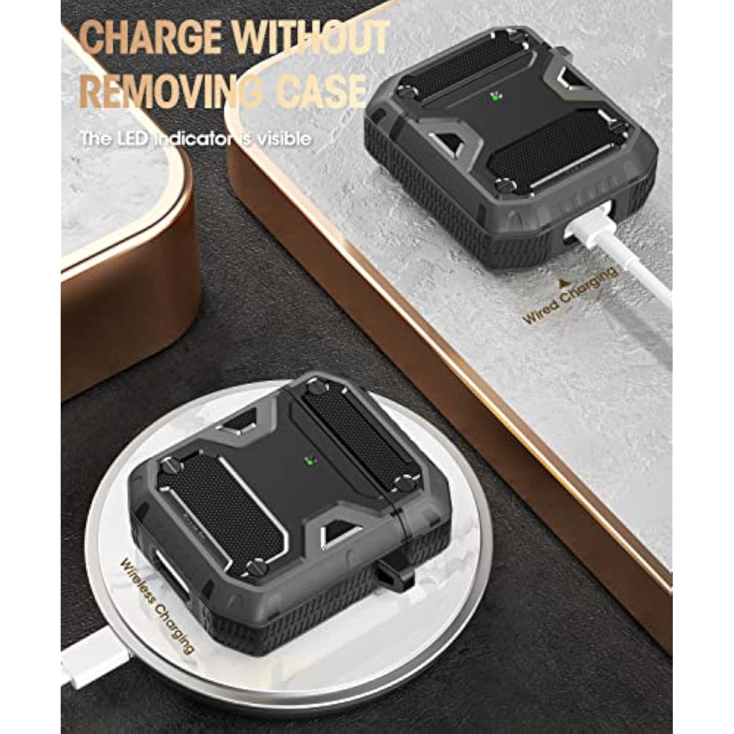 Compatible With Airpods Case, Full-Body Rugged Hard Shell Protective Case Cover With Keychain Designed For Airpods 1St & 2Nd, Black