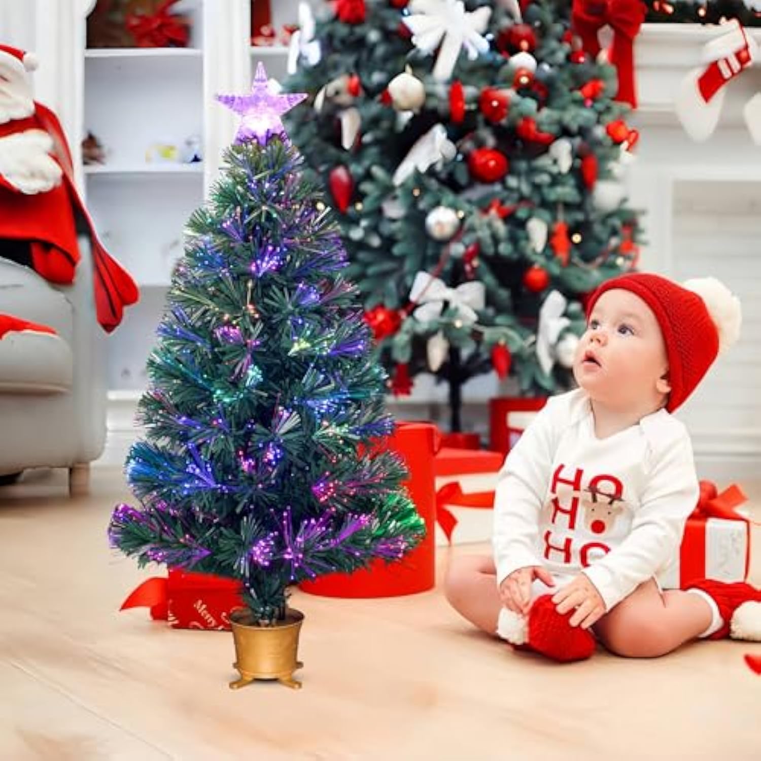 32Inch Pre-Lit Mini Fiber Optic Tabletop Artificial Christmas Tree, Small Xmas Tree With Stars Decorations-Transparent