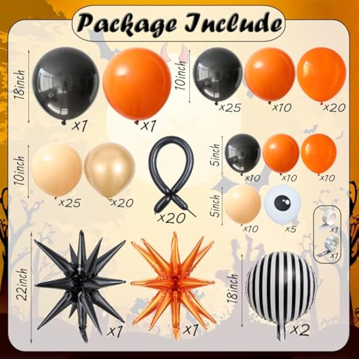 174Pc Halloween Balloon Arch Kit – Black Orange with Spider, Web & Eye Balloons