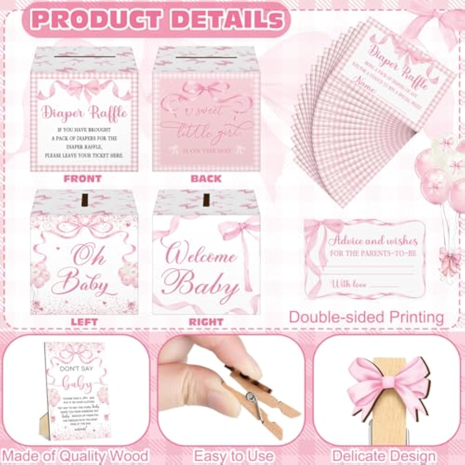 102 Pcs Diaper Raffle Tickets With Raffle Box Baby Shower Party Decorations Don'T Say Baby Sign Clothespin For Gender Reveal Party Invitation Insert Card Theme Game(Pink,Bow)