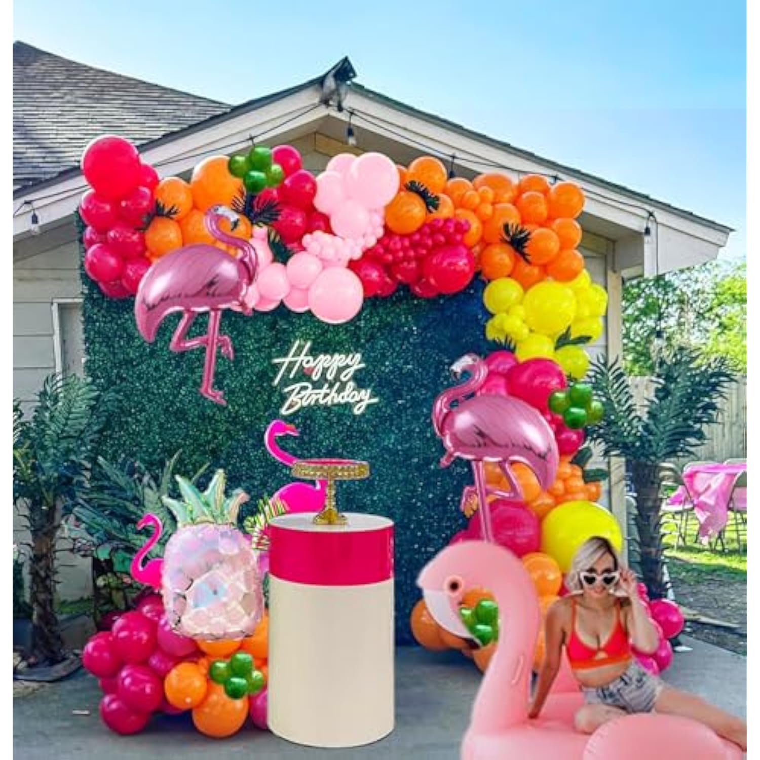 Tropical Flamingo Balloon Garland Kit – 130pcs Hot Pink, Orange & Pineapple Pool Party Decor
