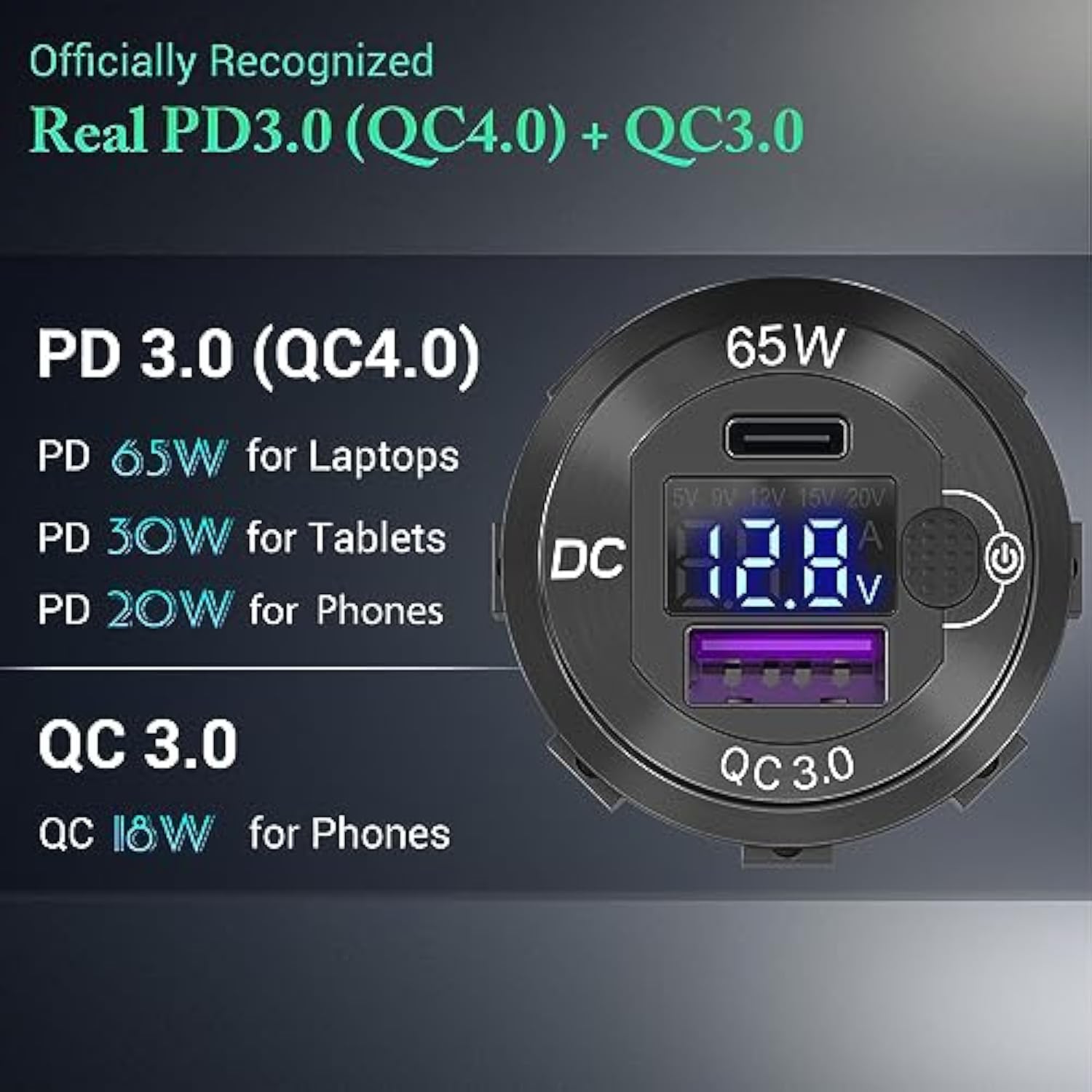 83W 12 Volt Usb Outlet Built-In Boost Usb C Laptop Car Charger: 65W Pd3.0 And 18W Qc3.0 Car Usb Port Aluminum Socket With Button Switch Smart Voltmeter, Suitable For Car Rv Marine Golf Cart