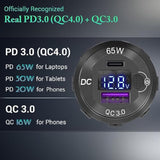 83W 12 Volt Usb Outlet Built-In Boost Usb C Laptop Car Charger: 65W Pd3.0 And 18W Qc3.0 Car Usb Port Aluminum Socket With Button Switch Smart Voltmeter, Suitable For Car Rv Marine Golf Cart