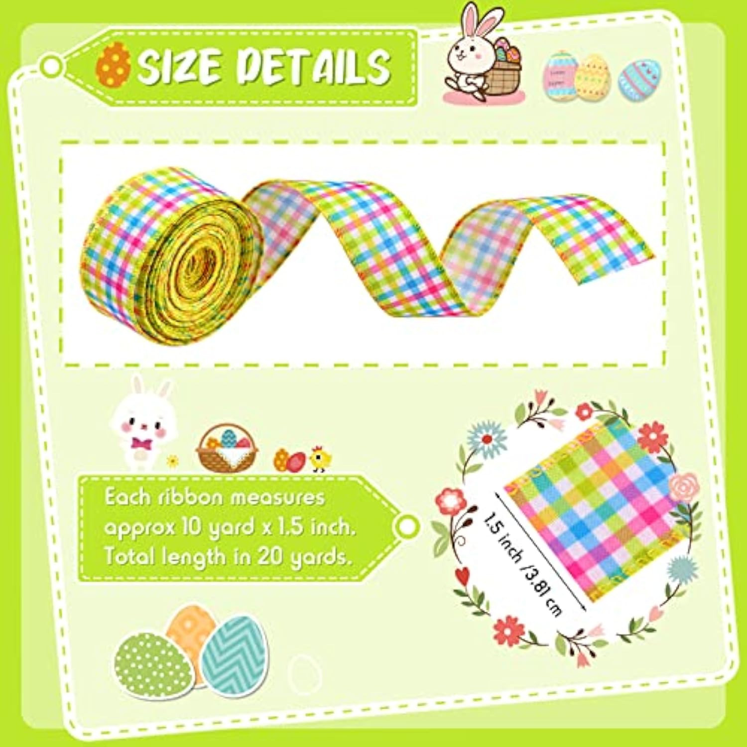 2 Roll 20 Yard Easter Spring Pastel Wired Ribbon, Gingham Ribbon Pink