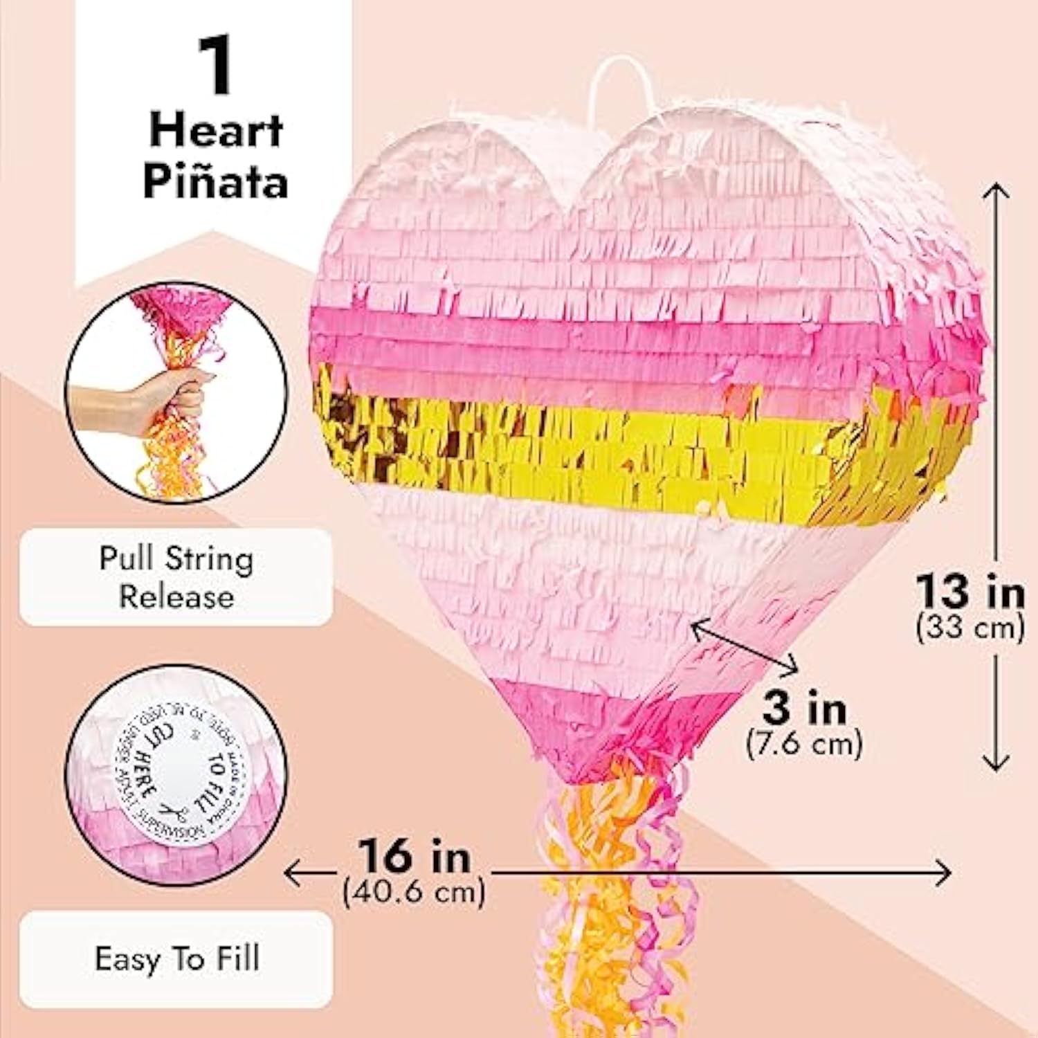 Pull String Pinata - 16 X 13 X 3 In, Pink & Gold Ombre - Heart Shaped Pinata For Girls' Birthday Party Supply & Decoration
