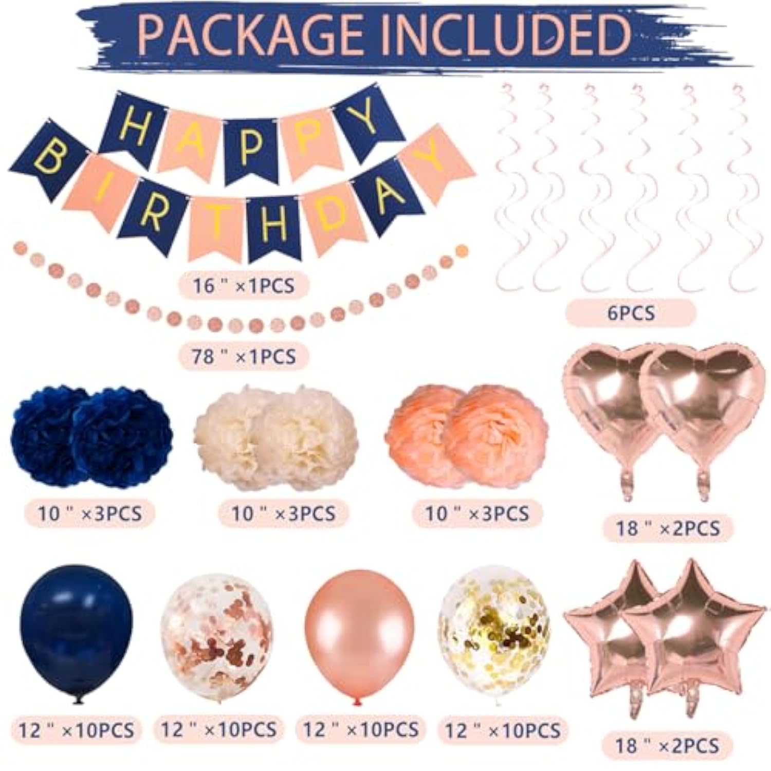 Navy Rose Gold Birthday Decorations 61 Pieces Balloon Kit With Foil Balloons,Flower Pompoms,Round String Suit For 1St 16Th 21Th 25Th 30Th 35Th 40Th, Women Grils Navy Rose Gold Birthday Party1