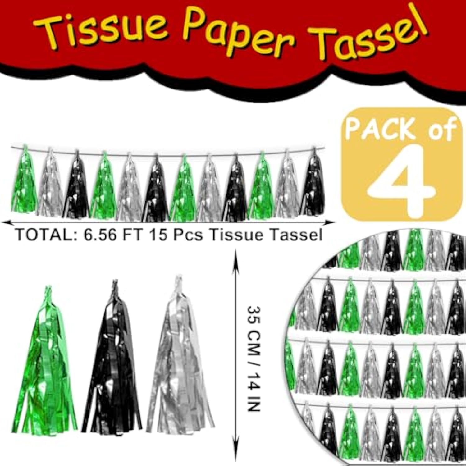 4P Black Silver Green Tassel Banner Garland Metallic Foil Fringe Banner Tinsel Tassels Streamer Banner Backdrop For Parade Floats, Graduation Decorations, Halloween, Christmas Decorations