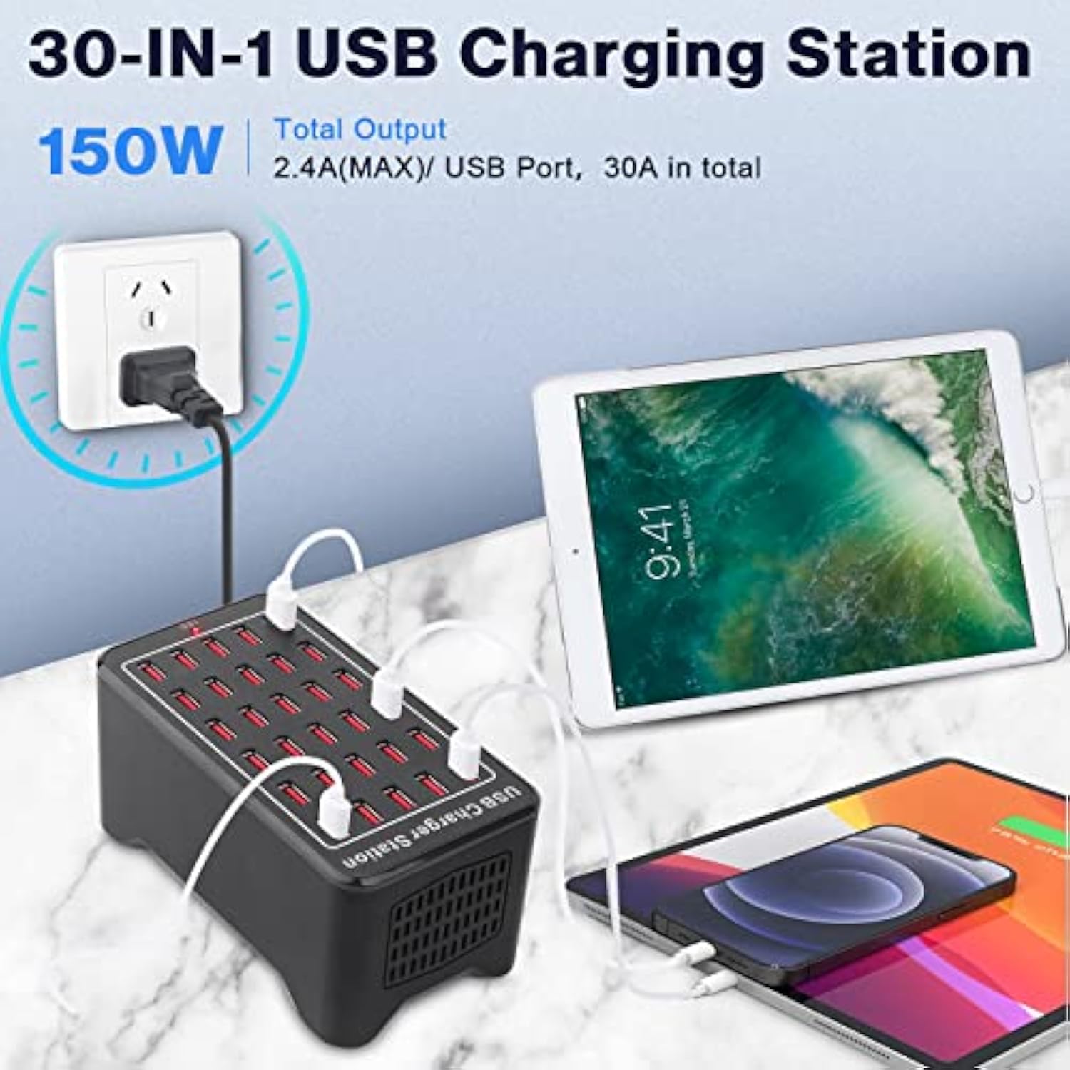 30 Port 150W(30A) Usb Charging Station - Multi Port Usb Hub With Smart Detect For Smartphones, Tablets And Other Electronics