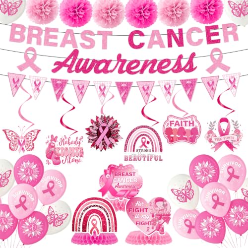 Breast Cancer Awareness Decorations, 33PCS Breast Cancer Awareness Month Party Banner Hanging Swirls Honeycomb Centerpieces Pompoms Balloons Decor Set, Pink Ribbon Party Supplies for Women