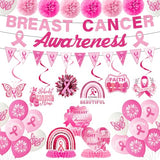 Breast Cancer Awareness Decorations, 33PCS Breast Cancer Awareness Month Party Banner Hanging Swirls Honeycomb Centerpieces Pompoms Balloons Decor Set, Pink Ribbon Party Supplies for Women