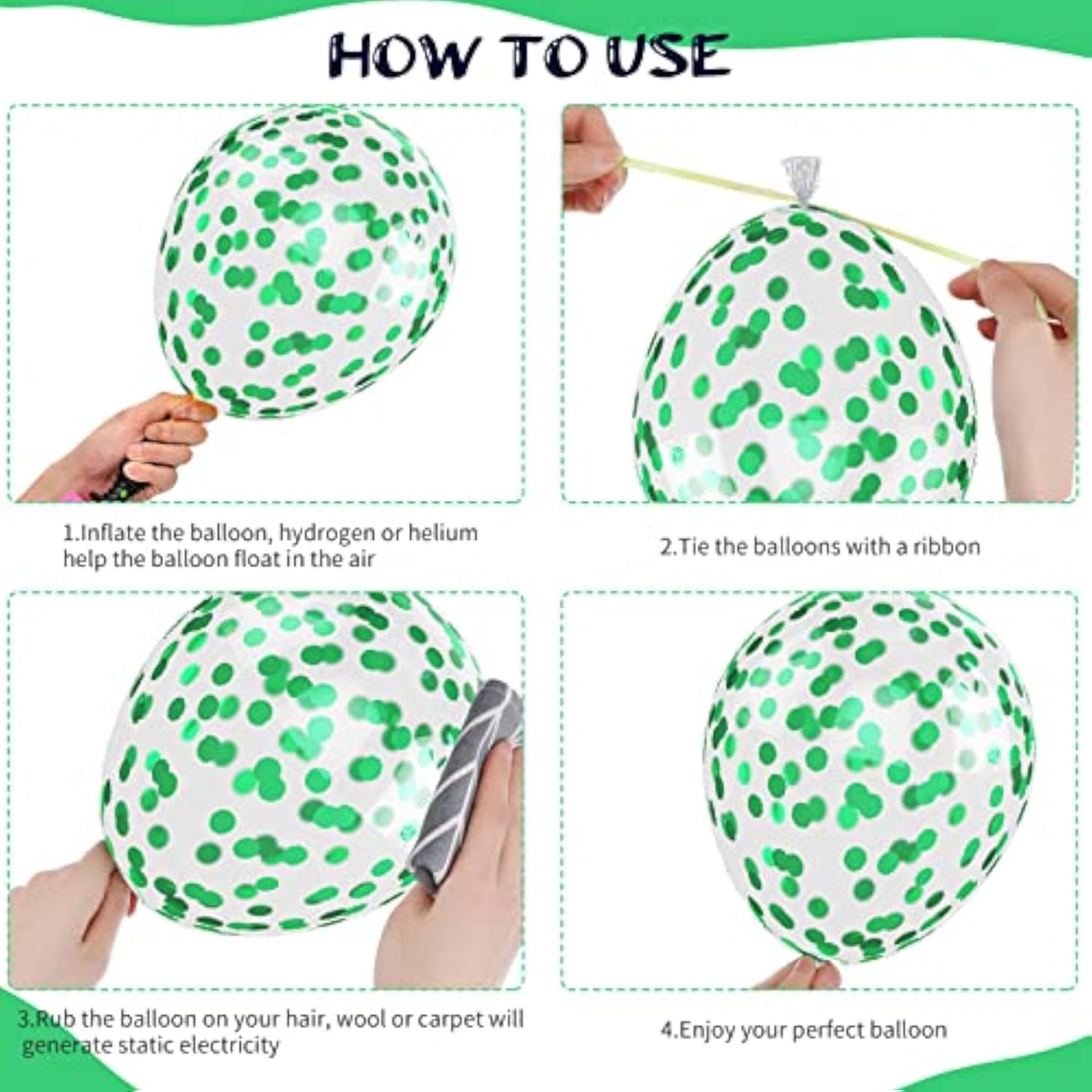 50-Pack 12-Inch Green, Black, and White Balloons with Confetti for Themed Parties