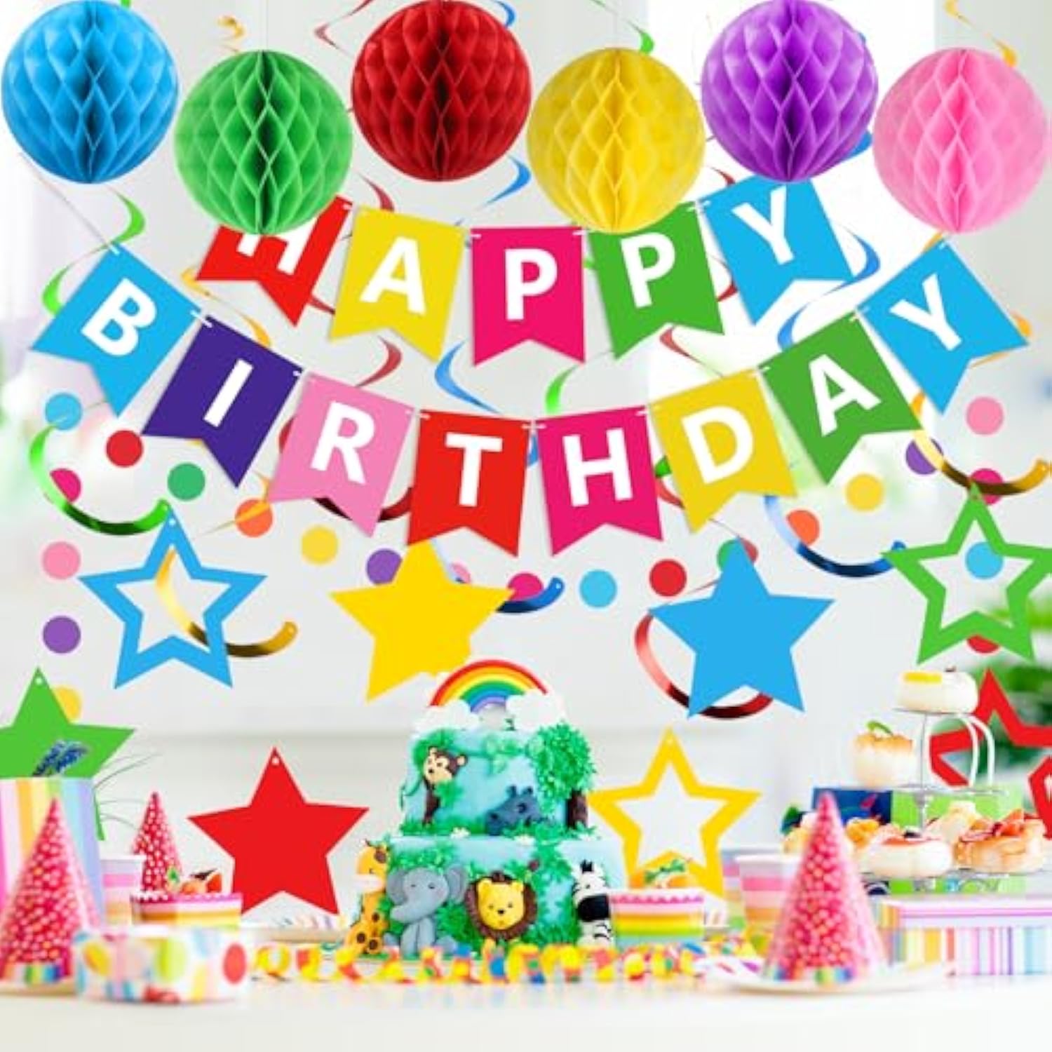 Birthday Decorations, Happy Birthday Banner With Honeycomb Balls, Stars Hanging Swirls Streamers, Circle Dots Garland, Happy Birthday Party Decorations For Women Men Boys Girls (Rainbow)