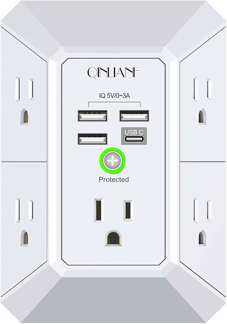 Wall Charger Surge Protector with 5 Outlets 4 USB Ports 1680J Multi Plug Adapter for Home Office Travel