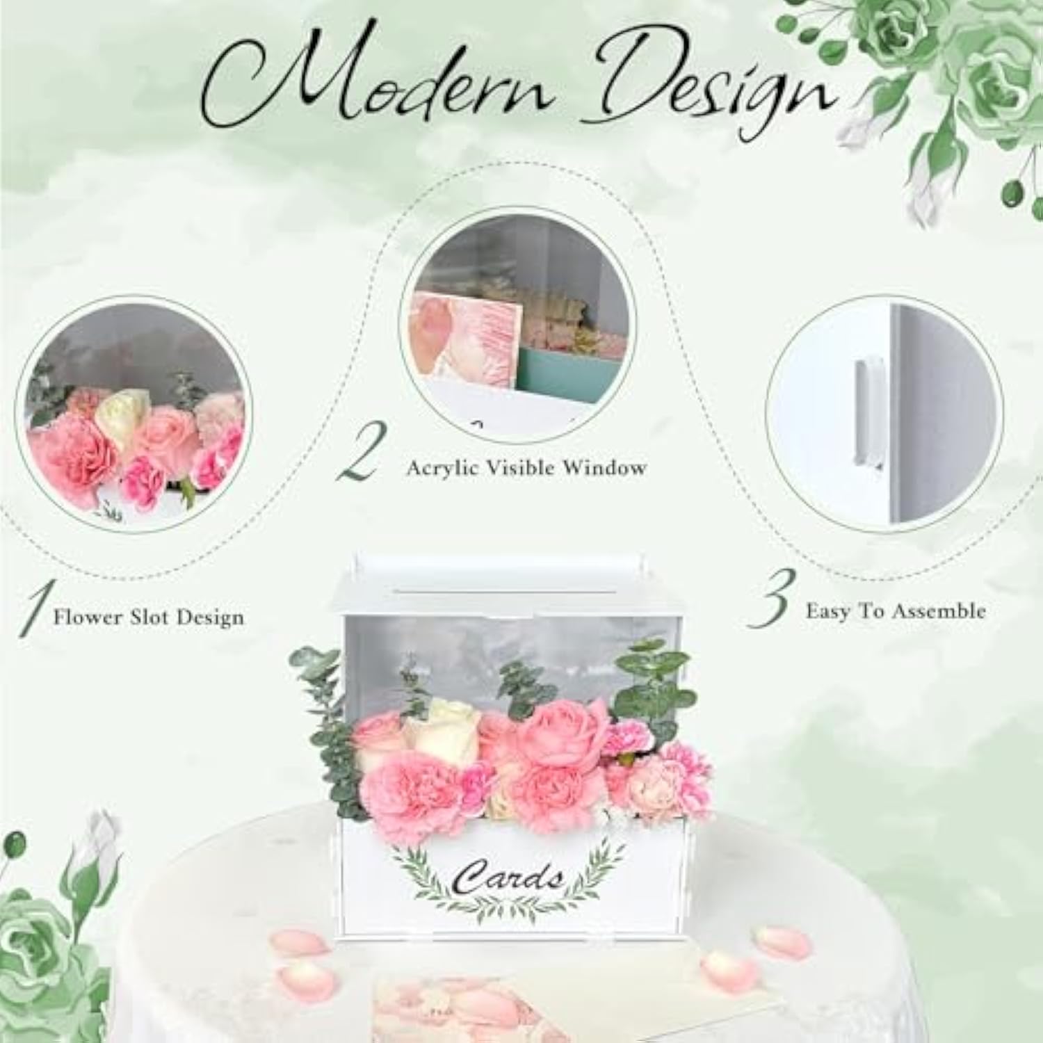 Wooden Wedding Card Box With Flower Trough, White Gift Card Box For Wedding With Acrylic Board, Weddings Cards Boxes For Reception Graduation Birthday Party Bridal Baby Shower Decorations