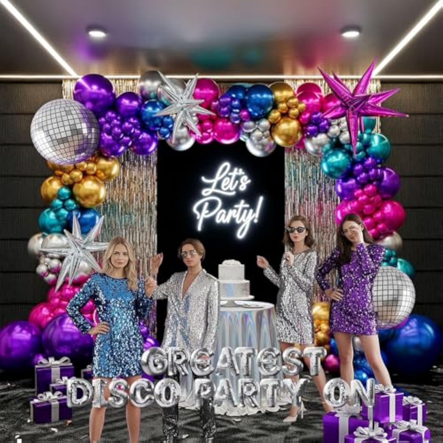 Chrome Balloon Grad Balloon Garland Arch Kit 130Pcs Disco Party Decorations With Metallic Purple Teal Red Hot Pink Blue &Disco Ball Balloons For 80S 90S Birthday Prom 2025 Graduation Decorations