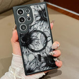 For Samsung Galaxy S25 Ultra Magnetic Floral Case, [Compatible With Magsafe] Cute Black Flower Phone Case For Women Girls Tpu Bumper Translucent Shockproof Case For Galaxy S25 Ultra,Sunflower