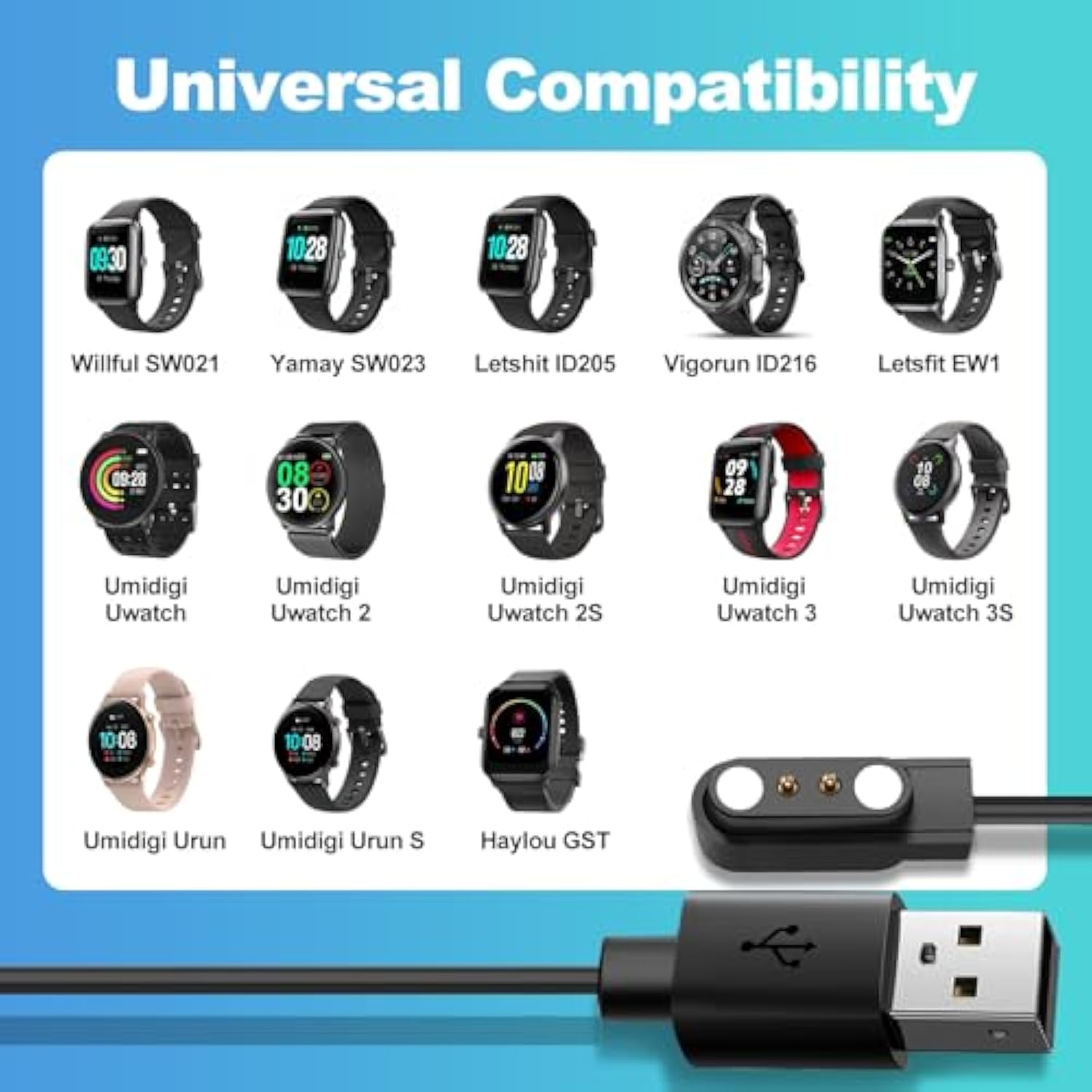 Smart Watch Charger With Magnetic Usb Charging Cable For Letsfit Willful Yamay Id205L Id205U Id205S Sw021 Sw023 Sw025 Umidigi Uwatch 3S 3 2 2S Urun Smartwatch - 3.3Ft