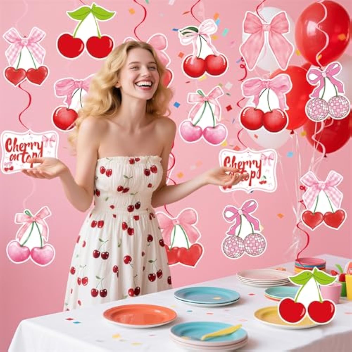 Cherry Birthday Party Decorations Red Pink Cherry Bow Hanging Swirl Garland For Girls Baby Shower She'S The Cherry On Top Theme Party Decor