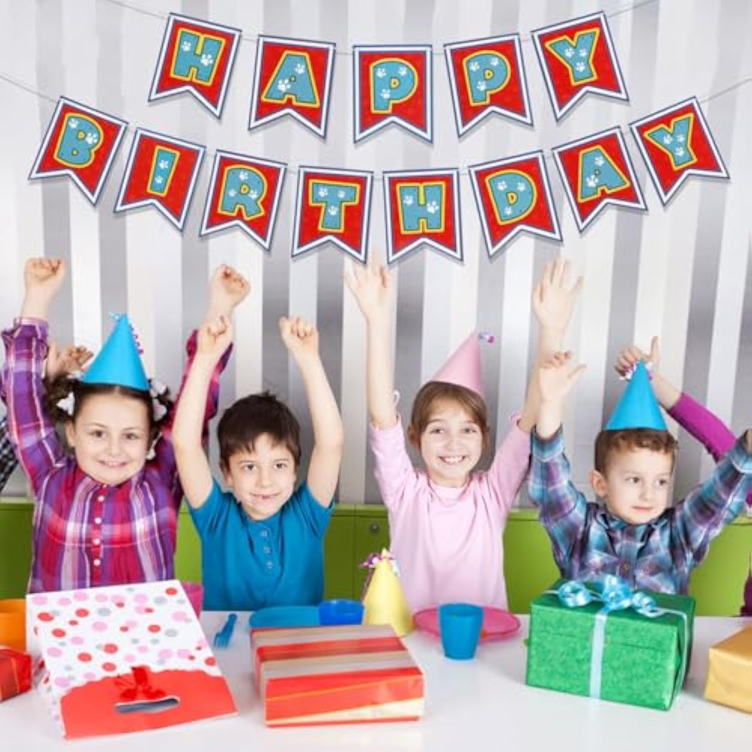 Dog Paw Happy Birthday Banner, Pre-Strung Personalized Birthday Sign Cartoon Themed Decorations For Boys Girls Baby Shower Birthday Party Supplies