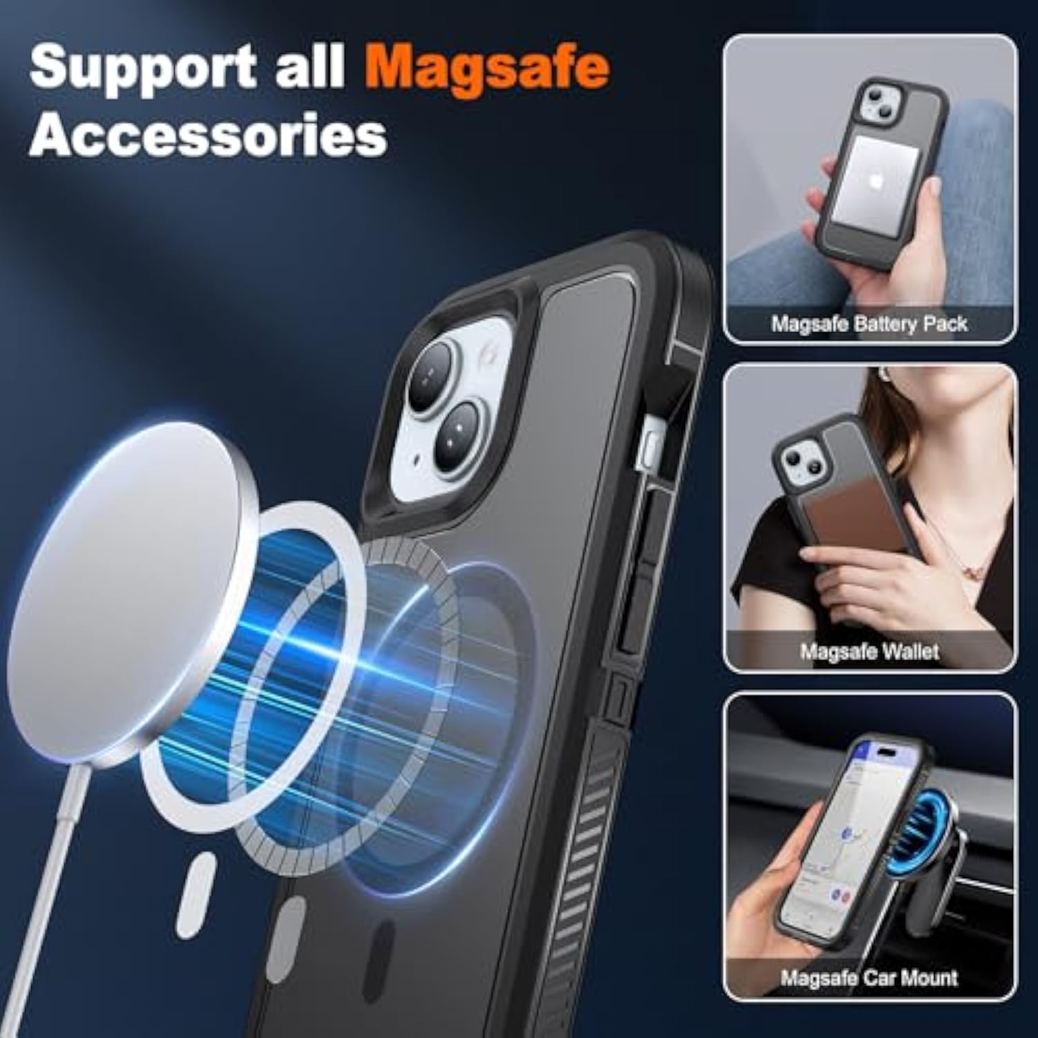 Magnetic For Iphone 15 Case With 2 Glass Screen Protectors, Compatible With Magsafe, Military-Grade Protection, Hard Protective Cover Shockproof Phone Case For Iphone 15, 6.1 Inch, Black