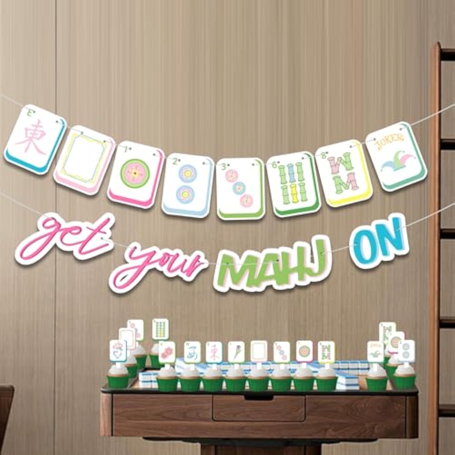 Mahjong-Themed Party Decoration Set, Mahjong Party Banner And 24 Pcs Cupcake Toppers For Birthdays And Celebrations