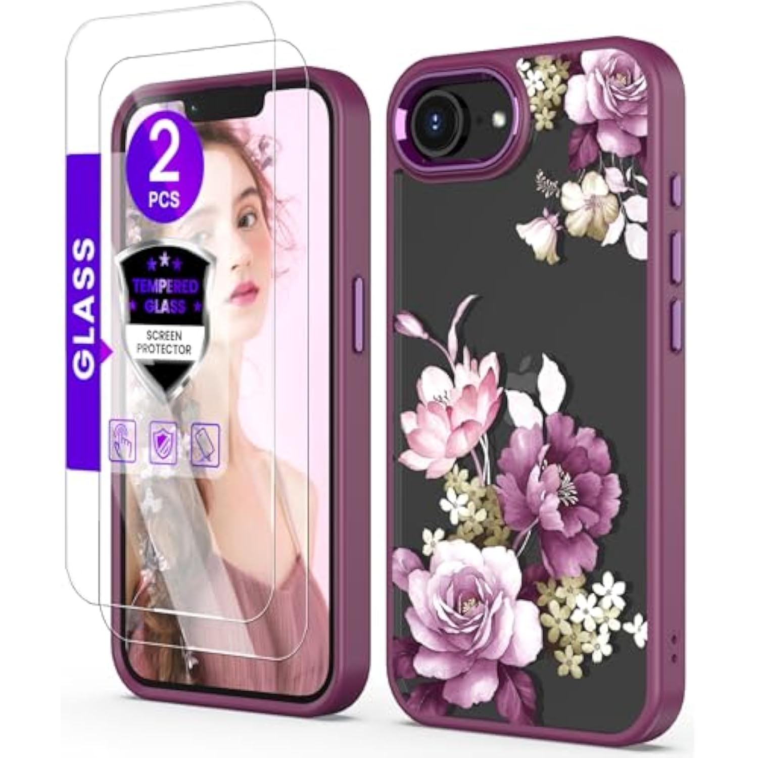 For Iphone 16E Case+Tempered Glass Screen Protector, [ Grade Protective] Slim Soft Tpu & Hard Pc,Girls Women Crystal Clear Flower Pattern Cover For Iphone Se 4Rd Gen 2025-Purple