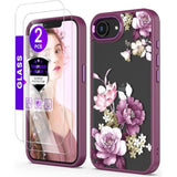 For Iphone 16E Case+Tempered Glass Screen Protector, [ Grade Protective] Slim Soft Tpu & Hard Pc,Girls Women Crystal Clear Flower Pattern Cover For Iphone Se 4Rd Gen 2025-Purple