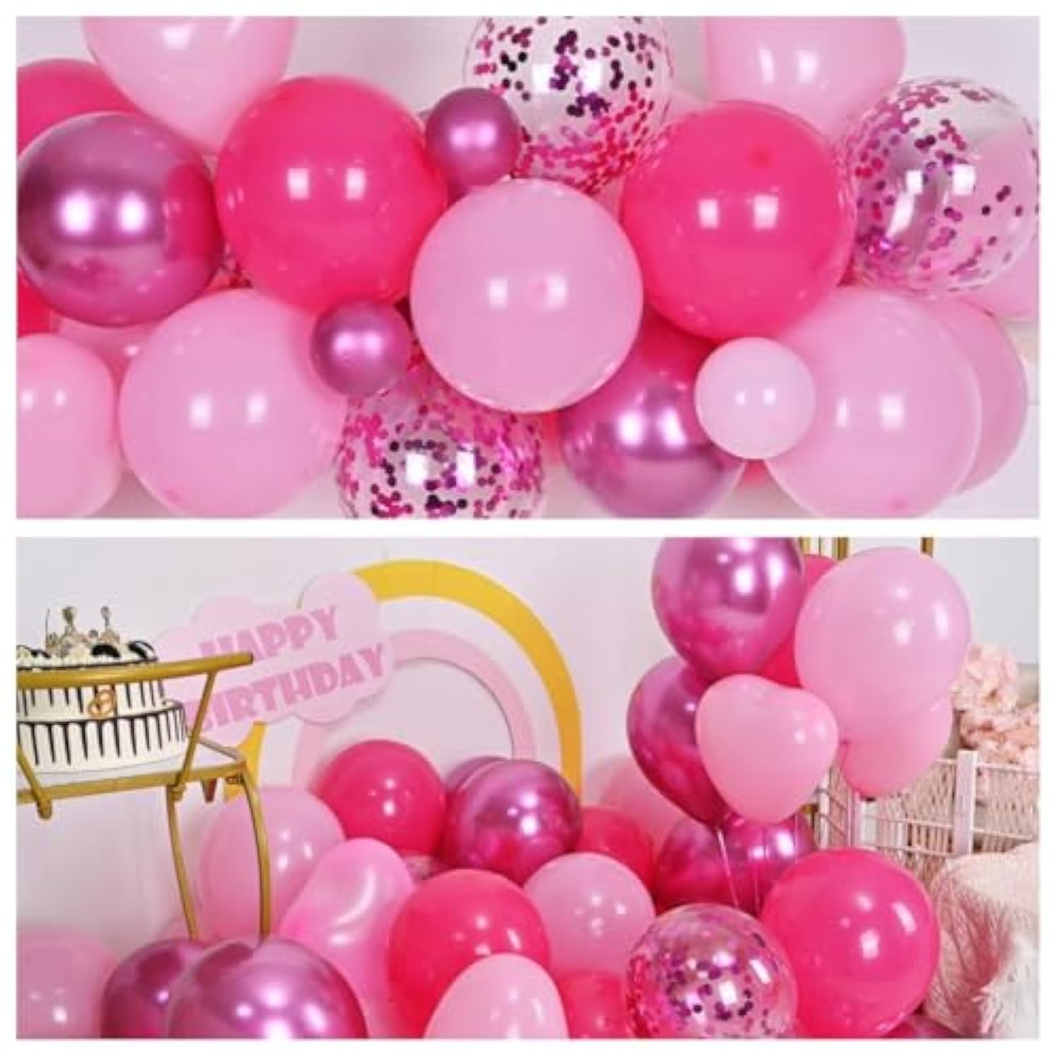 Pink Balloons, 12 Inch Metallic Hot Pink Chrome Magenta Heart Balloons Birthday Party Decorations, Baby Confetti Balloon For Valentines Day Girls Happy Birthday Decoration Princess Party
