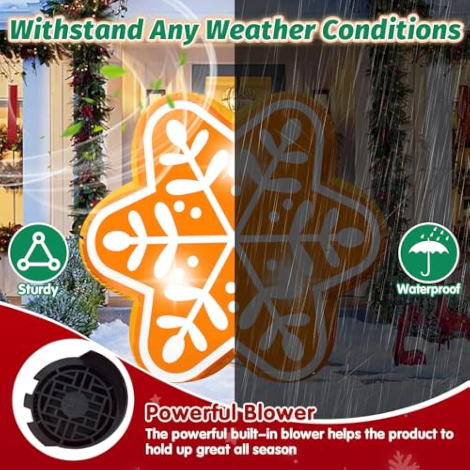 5Ft Christmas Inflatable Snowflake Gingerbread Blow-Up Giant Gingerbread Snowflake Built-In 3 Led Lights For Christmas I
