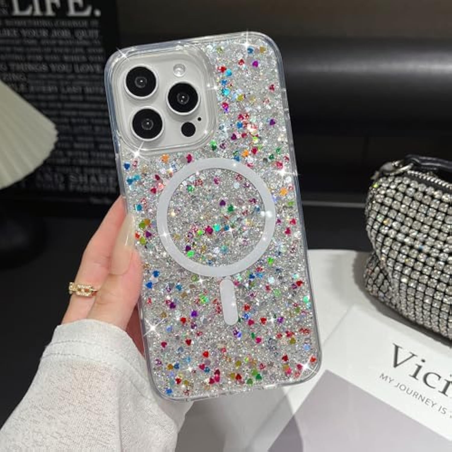Glitter Case Magnetic For Iphone 16 Pro Max Case, Luxury Shiny Bling Sparkly Phone Cover Compatible With Magsafe, Wireless Charge Crystal Diamonds Shiny Cover For Women - Clear