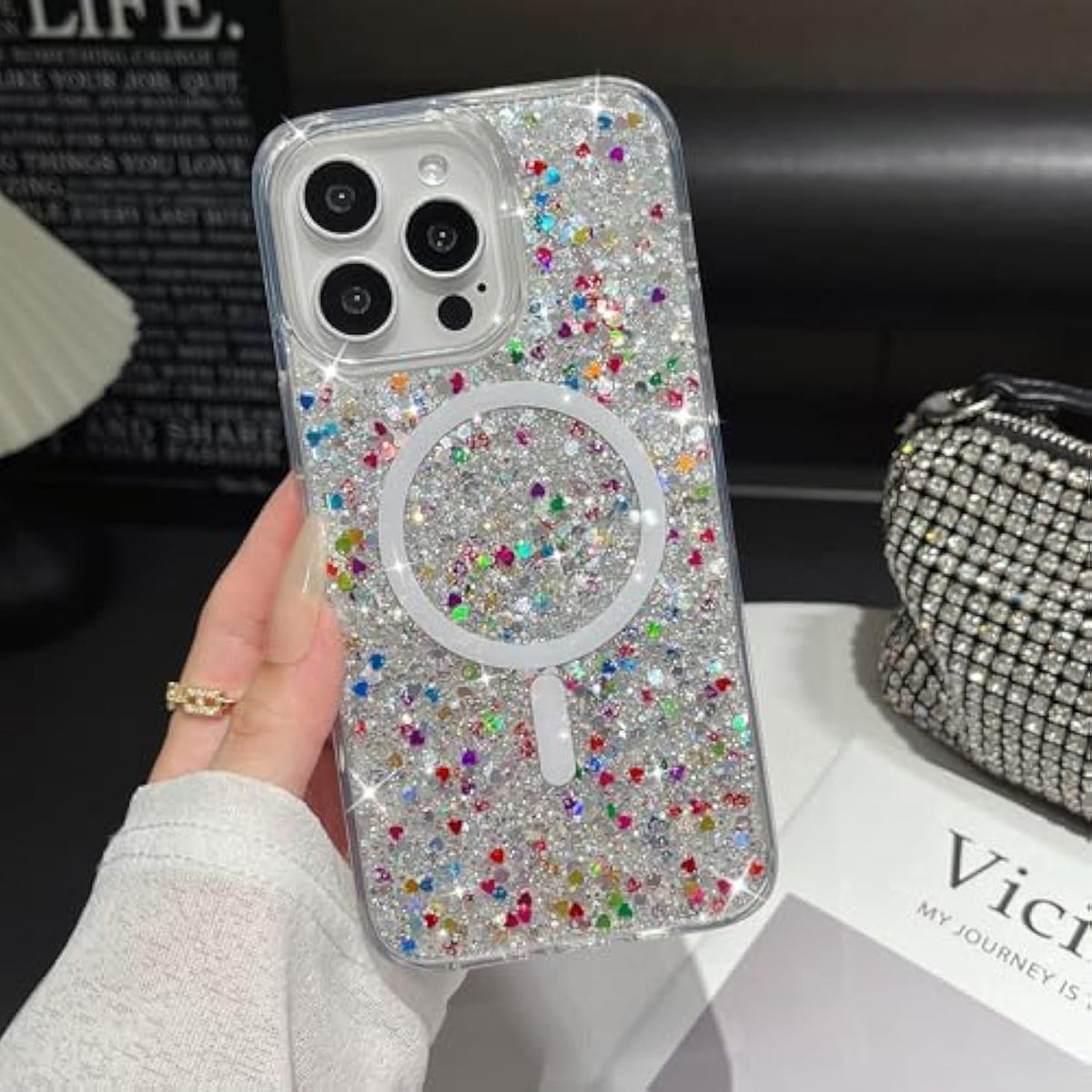 Glitter Case Magnetic For Iphone 16 Pro Max Case, Luxury Shiny Bling Sparkly Phone Cover Compatible With Magsafe, Wireless Charge Crystal Diamonds Shiny Cover For Women - Clear