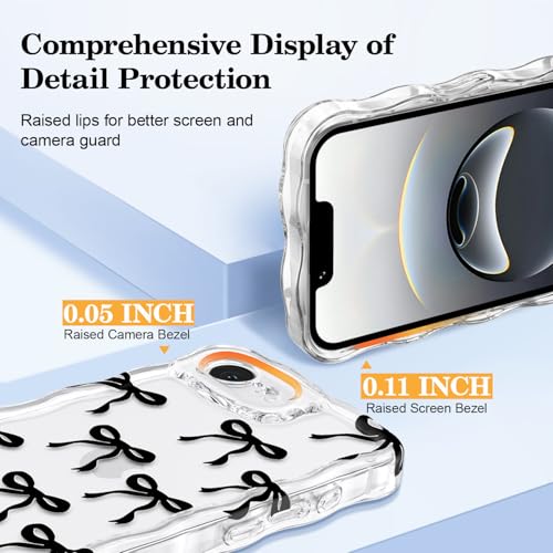 Bow Case for iPhone 17e/16e, Cute Ribbon Bows Wavy Curly Frame Clear Phone Case for Girls Women, Aesthetic Bowknot Transparent Soft Silicone TPU