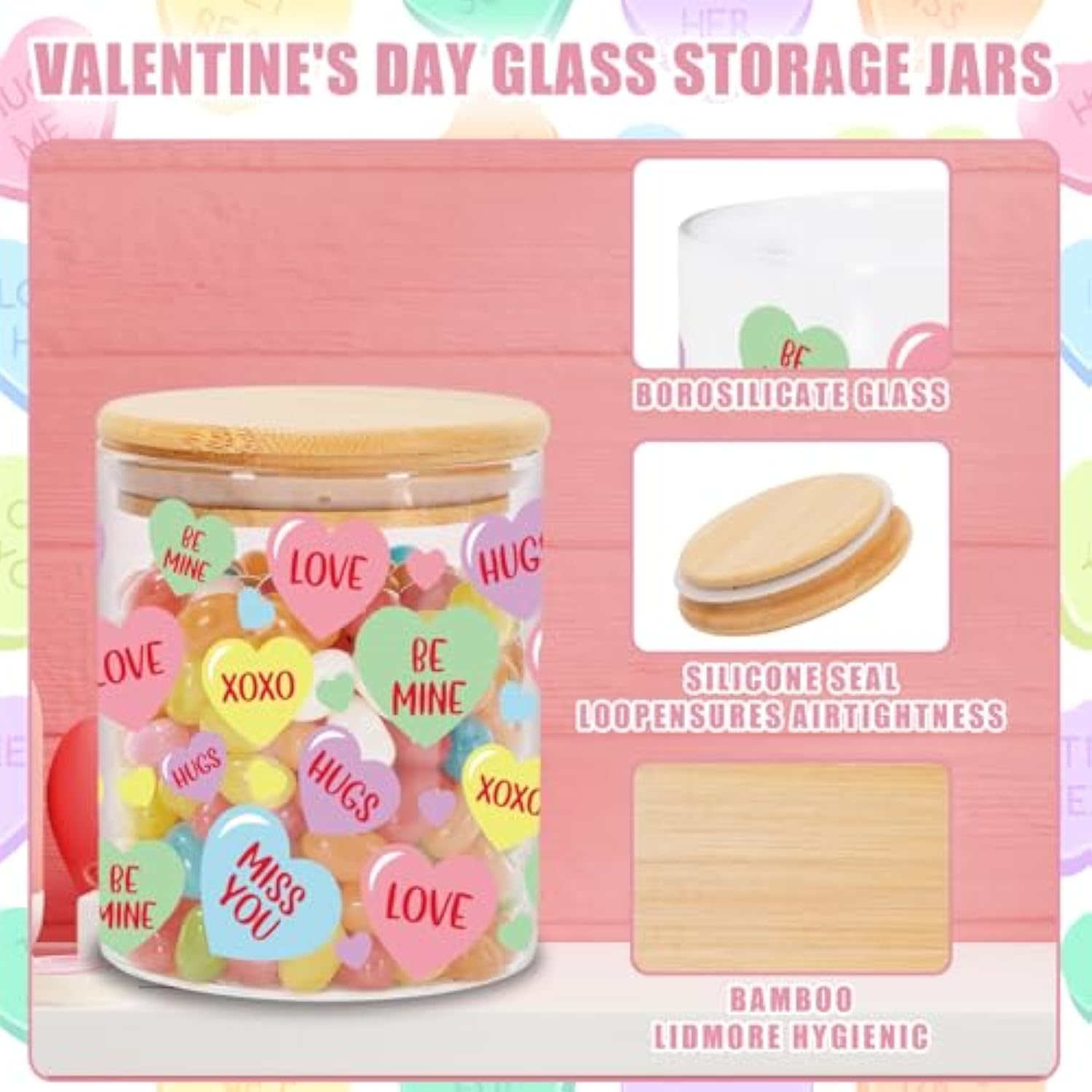 3Pcs Valentine Glass Storage Jars With Airtight Lid Pastel Conversation Heart Decorative Canisters Sets For Home Kitchen Countertop