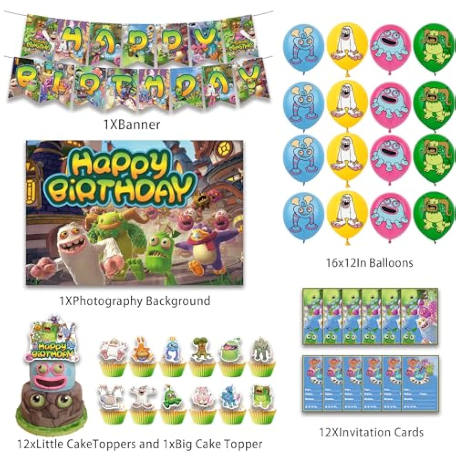 Monster Theme Birthday Party Supplies Includes Cupcake&Cake Topper-Happy Birthday Banner-Background-Balloons-Invitation Card For Kids Monster Party Decoration