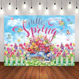 Hello Spring Backdrop Colorful Flower Butterfly Tulip Photography Background Spring Garden Easter Holiday Party Decorations Banner Photo Supplies (82X59Inch(7X5Ft))