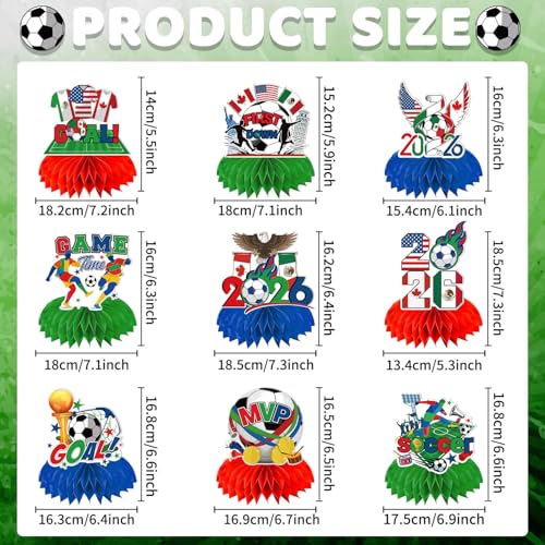 9PCS 2026 World Soccer Decorations Red Green and Blue Theme Honeycomb Centerpieces Double Sided, Soccer Themed Table Decor Supplies for Football Sports Competition Party Decorations