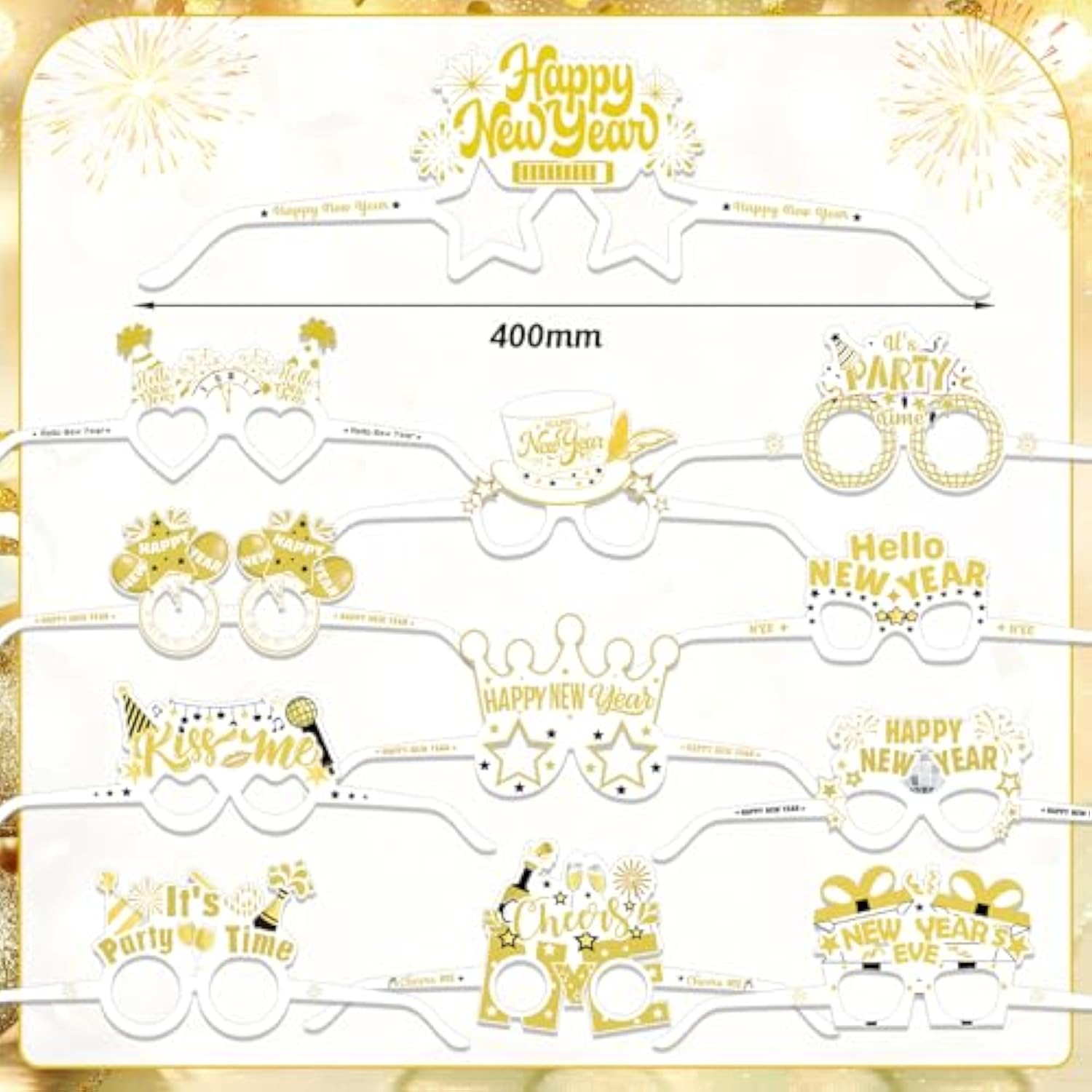 24pcs 2026 New Year Party Supplies White Gold Hats Glasses Photo Props