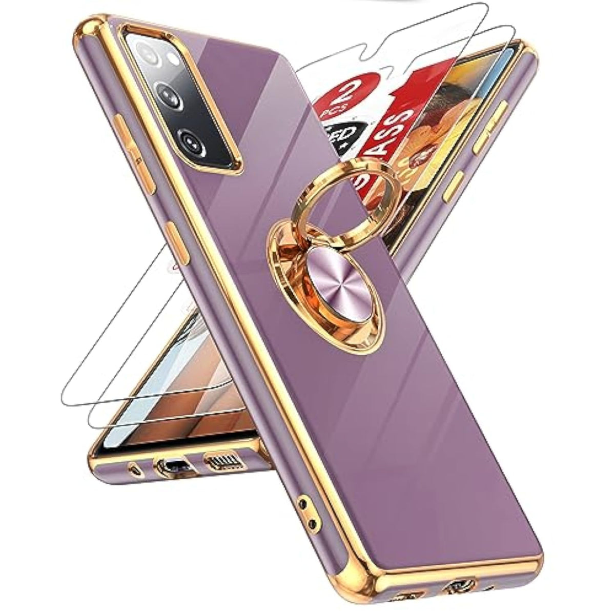 For Samsung Galaxy S20-Fe-5G Case: With Tempered Glass Screen Protector [2 Pack], Ring Holder Magnetic Kickstand, Plating Rose Gold Edge Protective Case For Women Men Girls, Purple