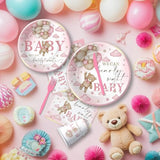 Pink Bear Baby Shower Decorations Girl, Teddy Bear Theme We Can Bearly Wait Baby Shower Decorations Party Supplies, Paper Plate, Napkin, Cup, Banner, Tablecloth, Swirls, Cutlery, Serves 24