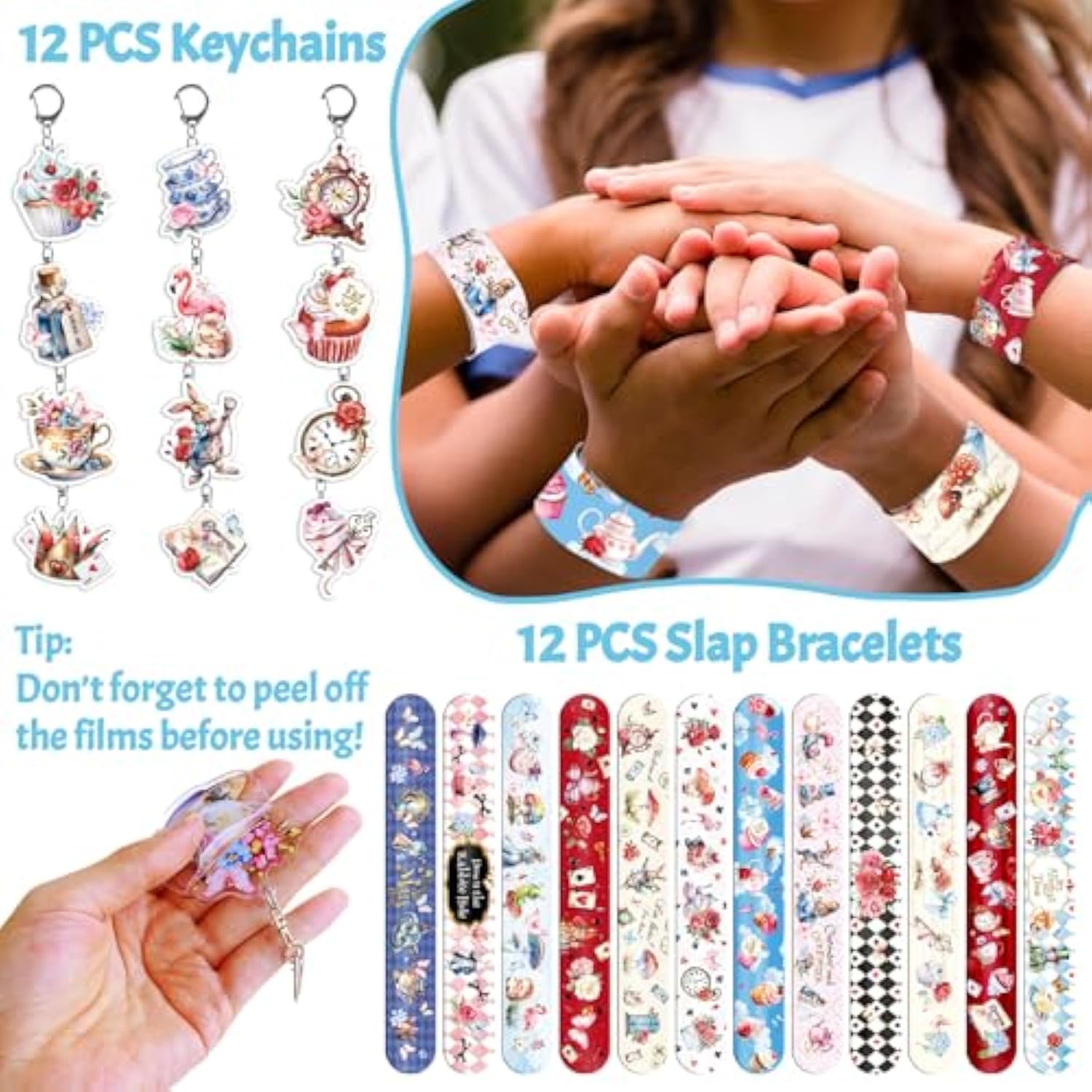 Alice In Wonderland Party Favors For Kids - 98Pcs Birthday Gift Set With Bracelets, Keychains, Tattoos, Stickers & Pins, Mad Hatter Tea Party Theme Supplies